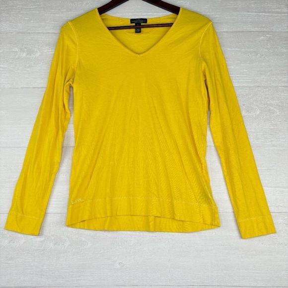 LRL Lauren Ralph Lauren Long Sleeve V-Neck Yellow Cotton Shirt Size Medium - Picture 2 of 10